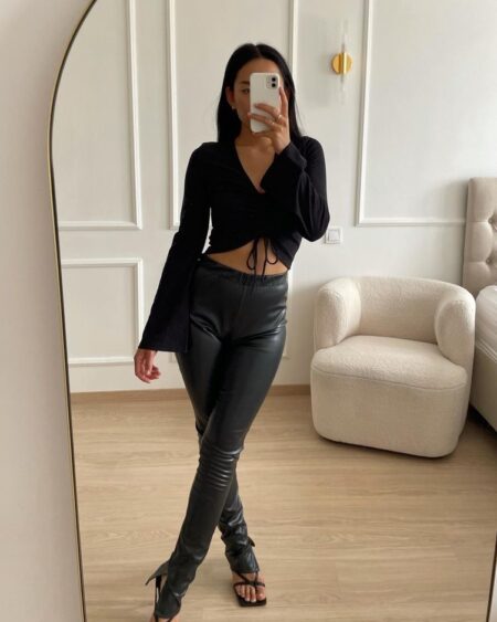 Leather Split Pants  - Black